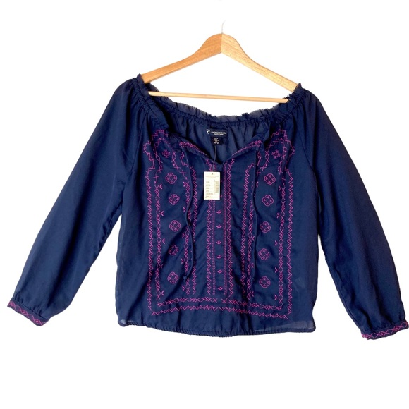 American Eagle long sleeve navy sheer blouse top with purple embroidery-Sz S - Picture 6 of 13